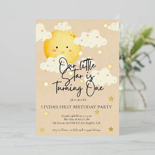 月と星クリーム第1誕生日 箔招待状 (立ち正面)