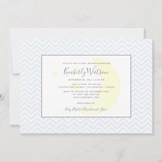 月と星シェブロン赤ちゃんシャワー |青 招待状 (正面)