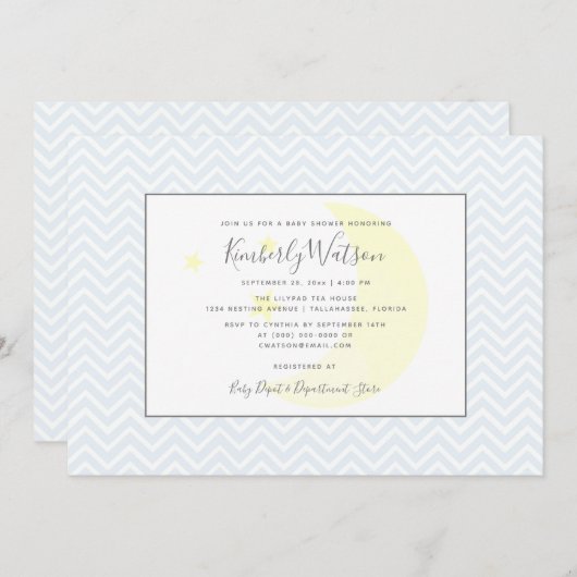 月と星シェブロン赤ちゃんシャワー |青 招待状 (正面/裏面)