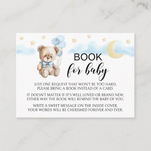月と星テディベアの男の赤ちゃん・シャワー用ブック エンクロージャーカード (正面)