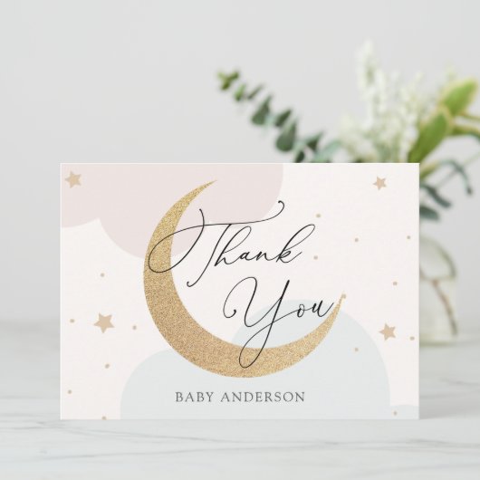 月と星ピンクと青の赤ちゃんシャワーありがとう サンキューカード (スタンド正面)
