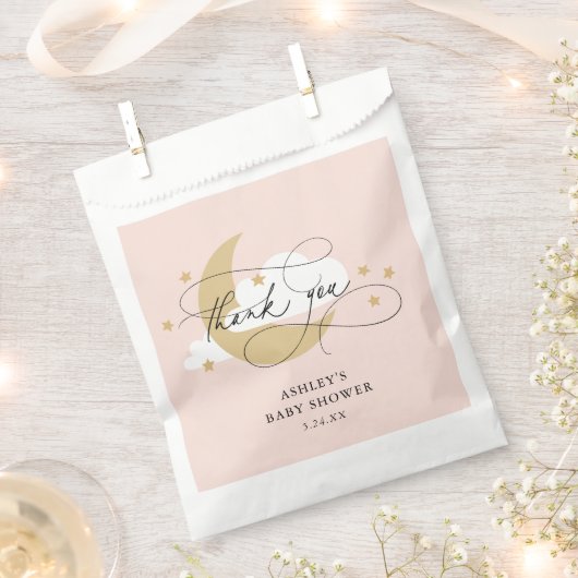 月と星ピンクのスクリプト赤ちゃんシャワーありがとう フェイバーバッグ (クリップ留めされた状態)