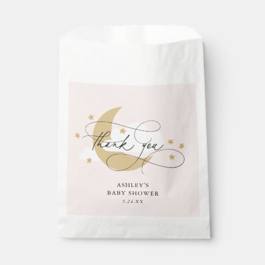 月と星ピンクのスクリプト赤ちゃんシャワーありがとう フェイバーバッグ (正面)