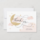 月と星ピンクのスクリプト赤ちゃんシャワー サンキューカード (正面)
