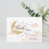 月と星ピンクのスクリプト赤ちゃんシャワー サンキューカード (スタンド正面)