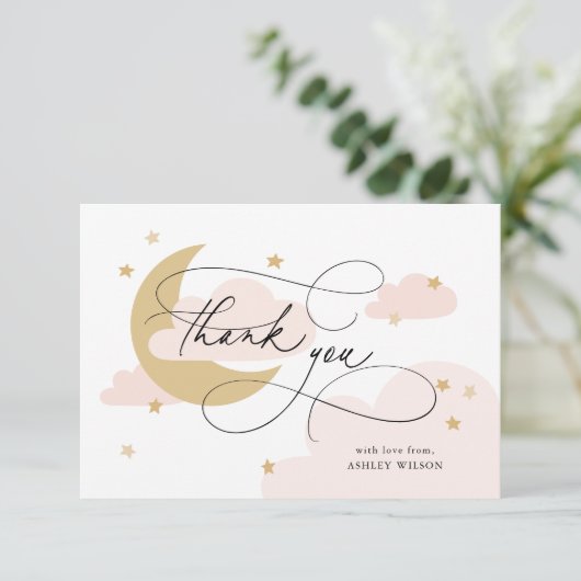 月と星ピンクのスクリプト赤ちゃんシャワー サンキューカード (スタンド正面)