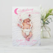 月と星ピンクの写真の誕生のお知らせ 招待状 (スタンド正面)