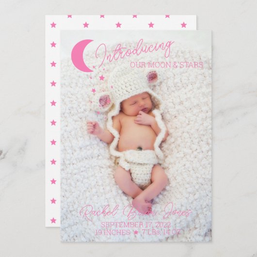 月と星ピンクの写真の誕生のお知らせ 招待状 (正面/裏面)
