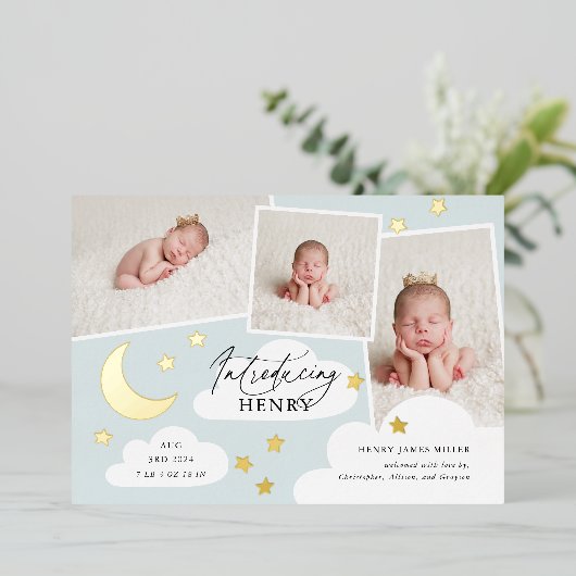 月と星フォトコラージュ青の誕生のお知らせ 箔招待状 (立ち正面)