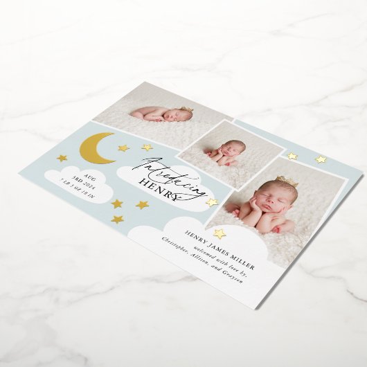 月と星フォトコラージュ青の誕生のお知らせ 箔招待状 (回転した状態)