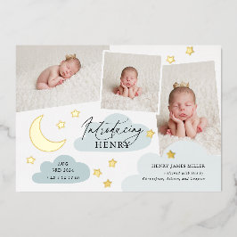 月と星フォトコラージュ青の誕生のお知らせ 箔招待状