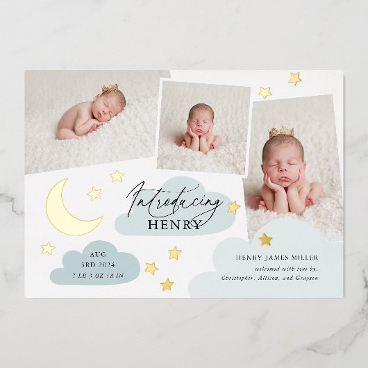 月と星フォトコラージュ青の誕生のお知らせ 箔招待状 (正面)