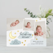 月と星フォトコラージュ青の誕生のお知らせ 箔招待状 (立ち正面)