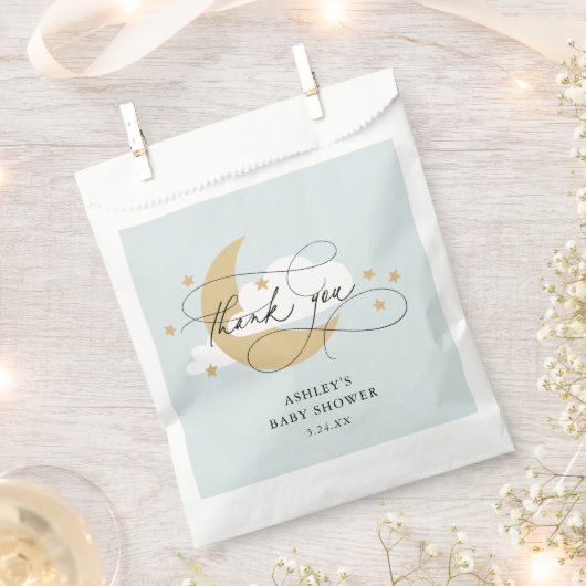 月と星ブルースクリプトベビーシャワーありがとうC フェイバーバッグ (クリップ留めされた状態)