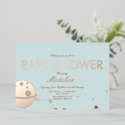 月と星ベビーシャワー箔押しホイル 箔招待状 (立ち正面)