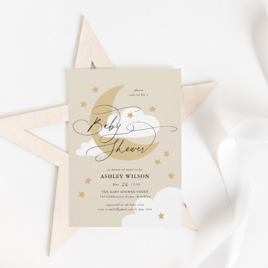 月と星ベージュスクリプエレガントト赤ちゃんシャワー 招待状
