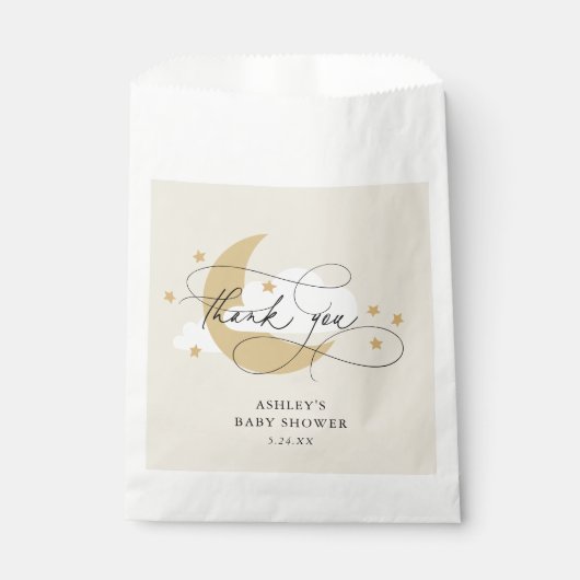 月と星ベージュスクリプトベビーシャワーありがとう フェイバーバッグ (正面)