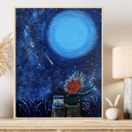 月と星絵を描のネイビーブルー読のファインアート ポスター