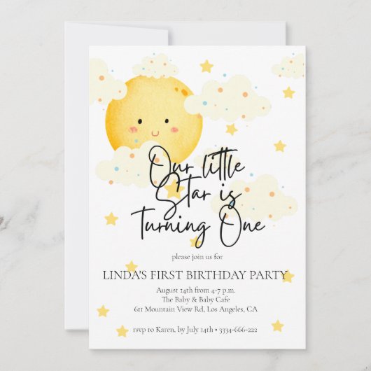 月と星1歳の誕生日 招待状 (正面)