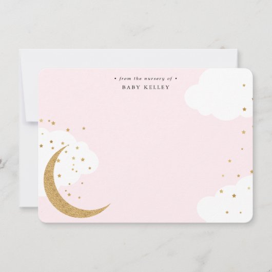 月と星、ベビーピンクフラパーソナライズされたット ノートカード (正面)