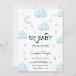 月と星 |水モダン色ベビーシャワー 招待状