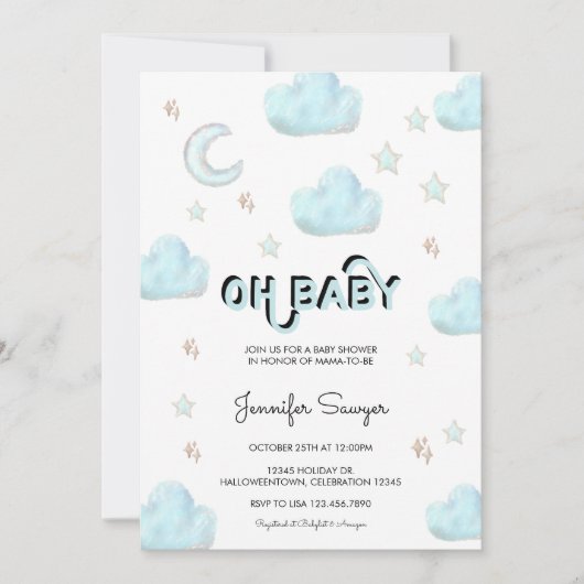 月と星 |水モダン色ベビーシャワー 招待状 (正面)