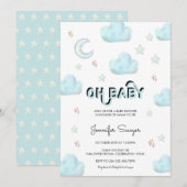 月と星 |水モダン色ベビーシャワー 招待状 (正面/裏面)