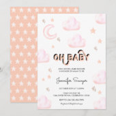 月と星 |水モダン色ベビーシャワー 招待状 (正面/裏面)