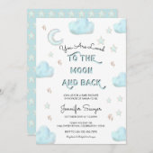 月と星 |水モダン色ベビーシャワー 招待状 (正面/裏面)