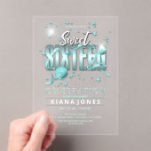 月と星Sweet 16ティール(緑がかった色)/Blk ID788 アクリル招待状 (インサイチュ (ポータブル))