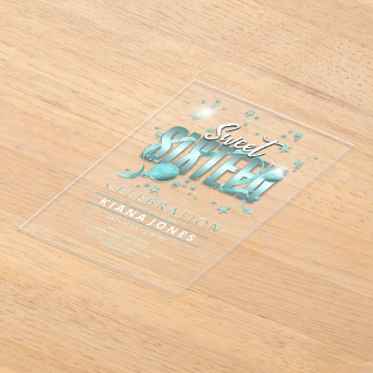 月と星Sweet 16ティール(緑がかった色)/Blk ID788 アクリル招待状 (レイダウン)