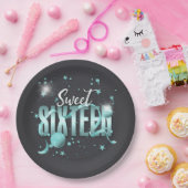 月と星Sweet 16ティール(緑がかった色)/Blk ID788 ペーパープレート (パーティー)