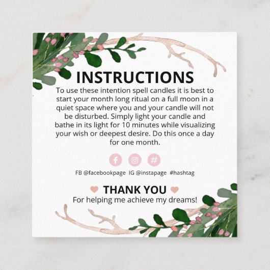 月と月のろうそくの意図の呪文 スクエア名刺 (裏面)