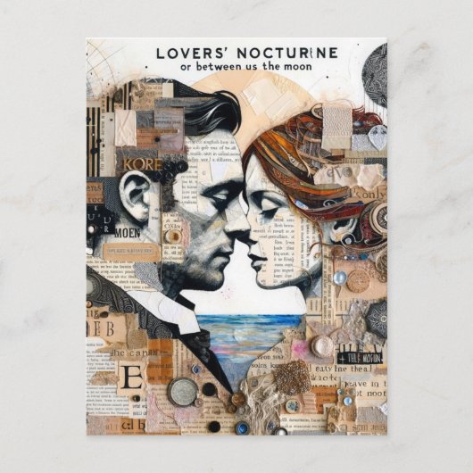 月と月のミックスメディアコラージュの恋人たち ポストカード (正面)