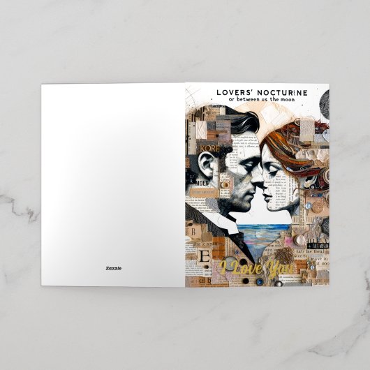 月と月のミックスメディアコラージュの恋人たち 箔グリーティングカード (外側レイダウン)