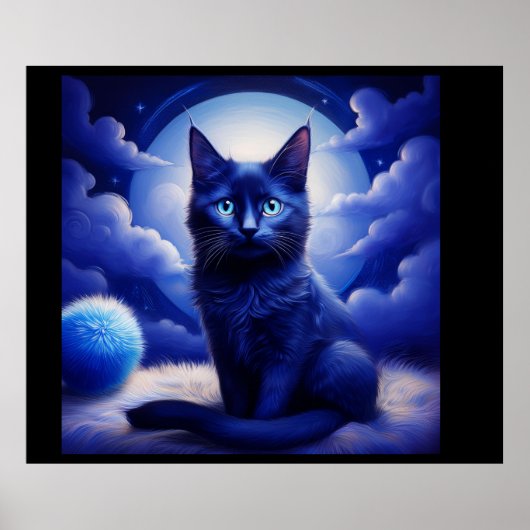 月と白い雲の前でポーズをとる黒猫 ポスター (正面)
