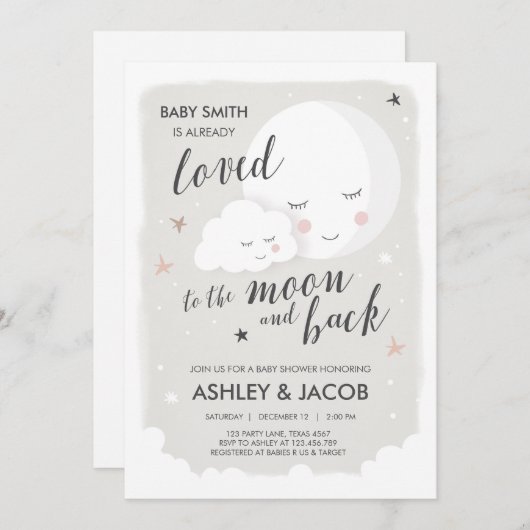月と背中に愛される赤ちゃんシャワー招待状 招待状 (正面/裏面)
