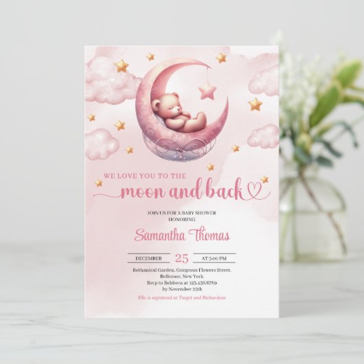 月と背中テディベア女の子の赤ちゃんシャワー 招待状 (スタンド正面)