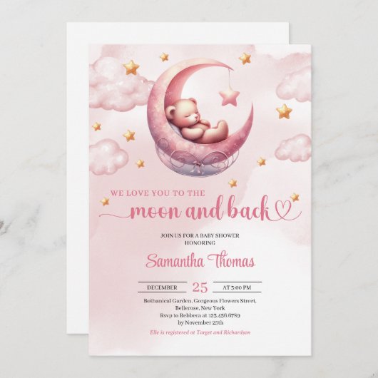 月と背中テディベア女の子の赤ちゃんシャワー 招待状 (正面/裏面)