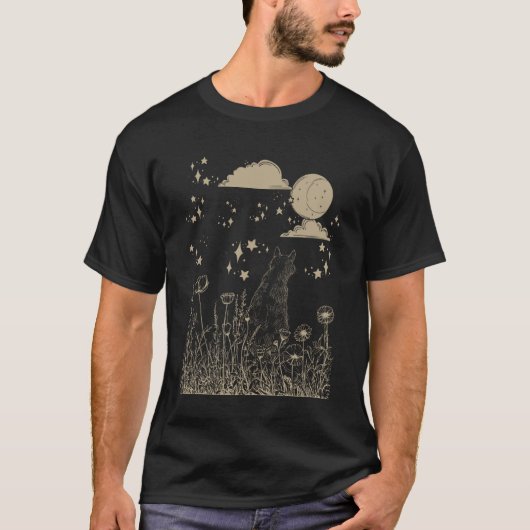 月と花と黒猫のハロウィンコスチューム Tシャツ (正面)