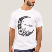 月と花の芸術とカスタマイズ可能な名前 Tシャツ (正面)