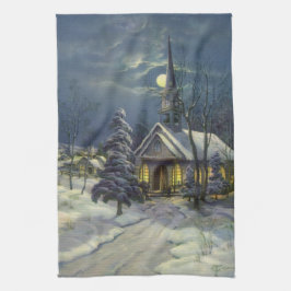 月と雪の冬の教会 キッチンタオル