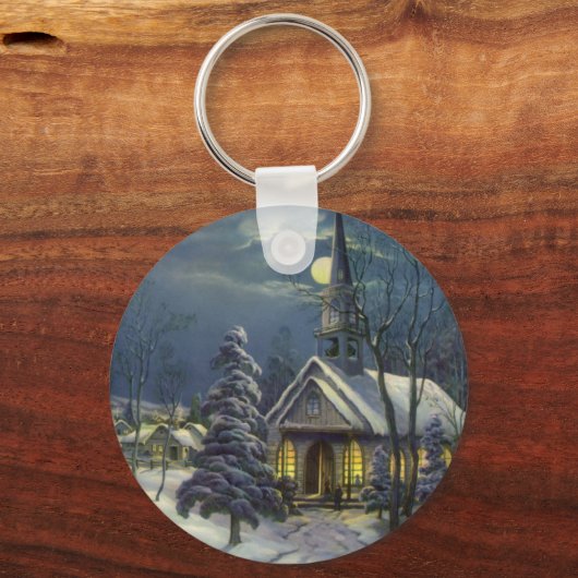 月と雪の冬の教会 キーホルダー (正面)
