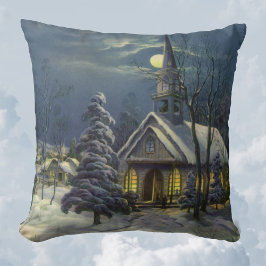 月と雪の冬の教会 クッション