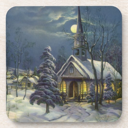 月と雪の冬の教会 コースター (正面)