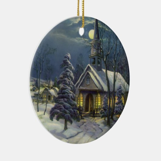 月と雪の冬の教会 セラミックオーナメント (右)