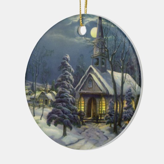 月と雪の冬の教会 セラミックオーナメント (左)