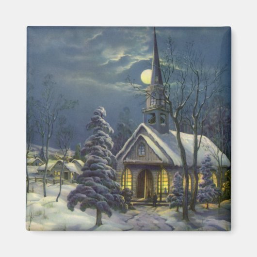 月と雪の冬の教会 マグネット (正面)