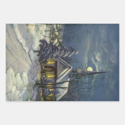 月と雪の冬の教会 ラッピングペーパーシート (正面3)