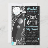 月に向かうロケット船の宇宙ベビーシャワー 招待状 (正面)